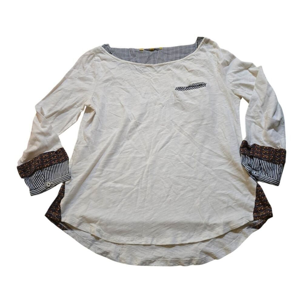 anthropologie little yellow button boat neck white blouse pocket tee SZ M